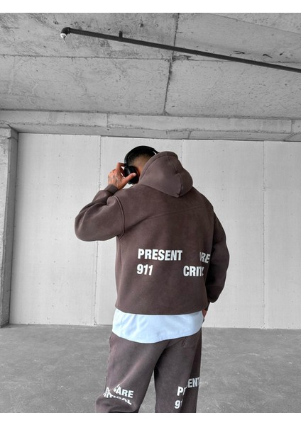 Erkek Oversize Basklı Yıkamalı Hoodie Kahverengi
