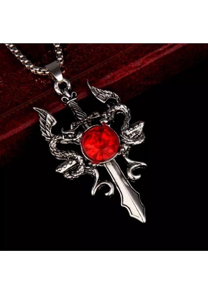 Kırmızı Taşlı Emerald Talisman Sword Kolye Hediyelik Şık Aksesuar Takı
