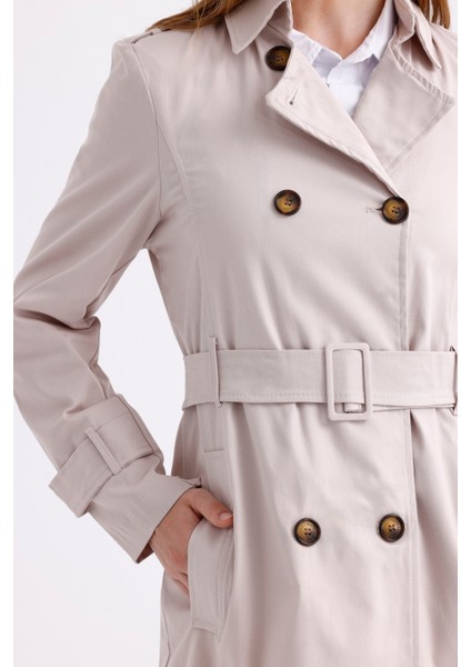 Esnek Pamuk Gabardin Kısa (80CM) Omuz Apoletli Kemerli Kadın Trençkot 1120 indirimleri