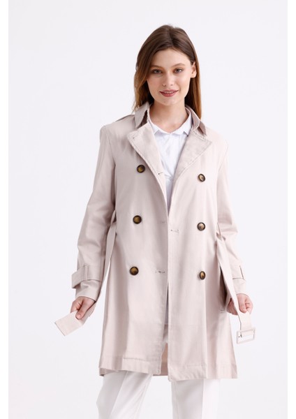 Esnek Pamuk Gabardin Kısa (80CM) Omuz Apoletli Kemerli Kadın Trençkot 1120
