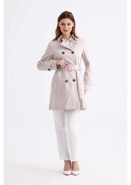Esnek Pamuk Gabardin Kısa (80CM) Omuz Apoletli Kemerli Kadın Trençkot 1120
