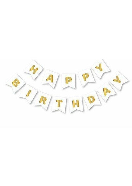 Beyaz Zemin Happy Birthday Gold Banner