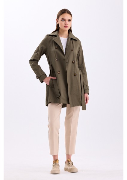 Esnek Pamuk Gabardin Kısa 80 cm Omuz Apoletli Kemerli Kadın Trençkot 1120 modelleri