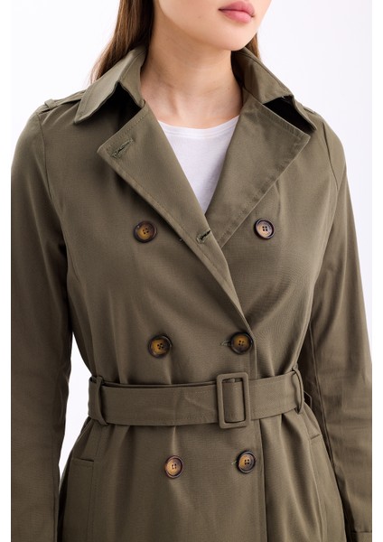 Esnek Pamuk Gabardin Kısa 80 cm Omuz Apoletli Kemerli Kadın Trençkot 1120