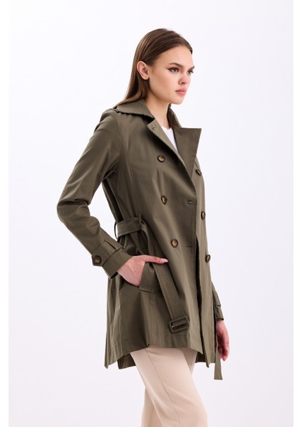 Esnek Pamuk Gabardin Kısa 80 cm Omuz Apoletli Kemerli Kadın Trençkot 1120