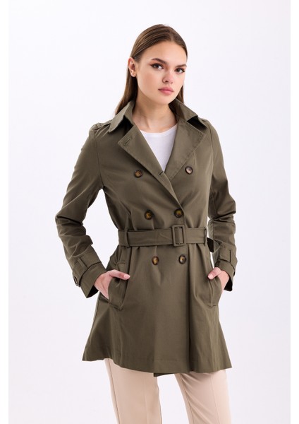 Esnek Pamuk Gabardin Kısa 80 cm Omuz Apoletli Kemerli Kadın Trençkot 1120