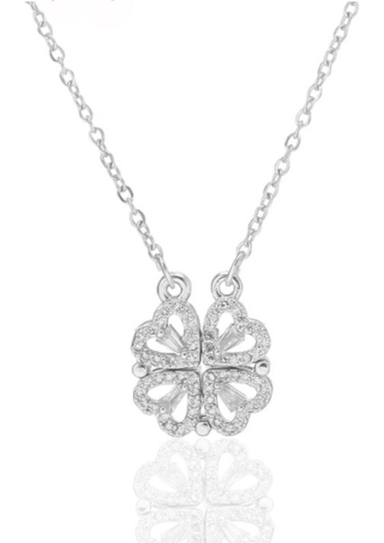 Yeni Gri Yonca Mıknatıslı Zirkon Taş Çelik Paslanmaz Zincir Kolye Takı