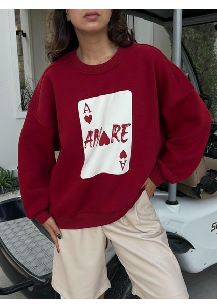 Kadın Bordo Baskılı Şardonlu 3 Iplik Pamuk Sweatshirt 28059