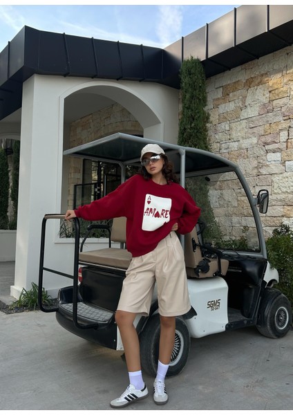Kadın Bordo Baskılı Şardonlu 3 Iplik Pamuk Sweatshirt 28059 fiyatları