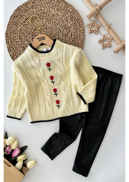 Çiçek Işleme Triko Deri Taytlı Kız çocuk takım - Kremsiyah
