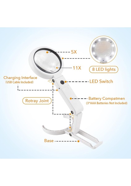 Çok Fonksiyonlu 8 LED Işıklı Masa Üstü Büyüteç El Büyüteci Katlanabilir Ayaklı, Büyüteç
