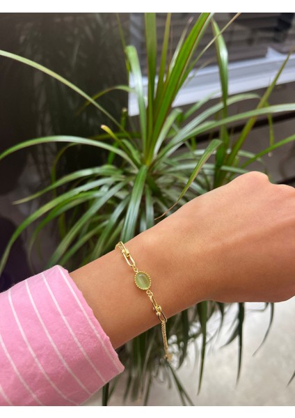 Yeşil Opal Taşlı Doç Zincirli Altın Bileklik CGKBLK0175