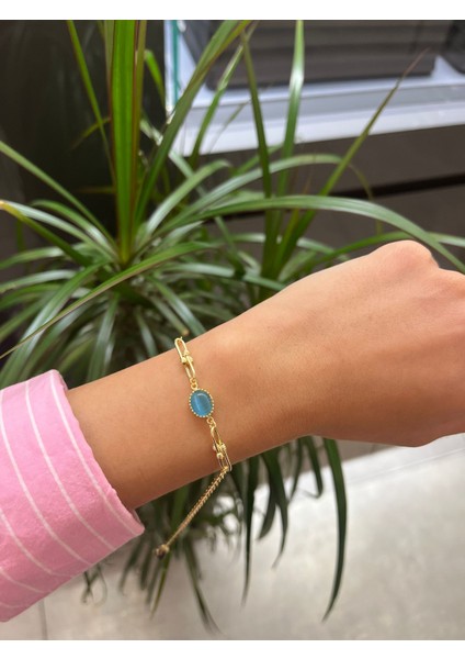 Mavi Opal Taşlı Doç Zincirli Altın Bileklik CGKBLK0177