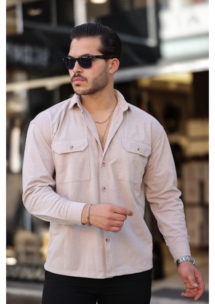 Çift Cepli İnce Fitilli Erkek Kadife Gömlek - Bej