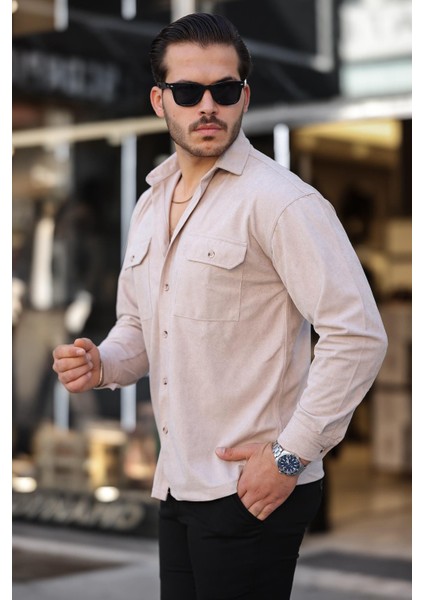 Çift Cepli İnce Fitilli Erkek Kadife Gömlek - Bej fiyatları