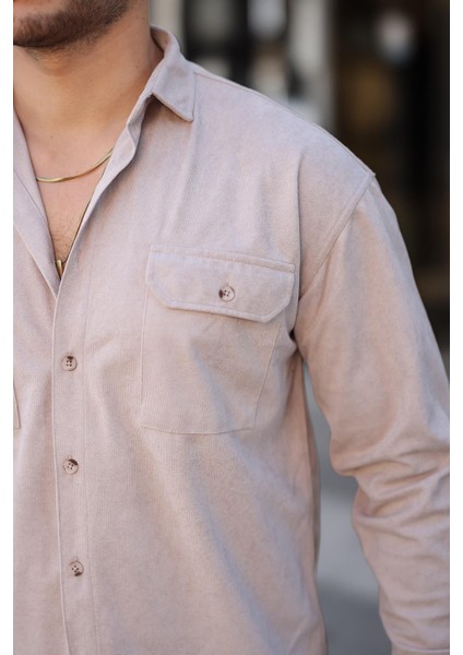 Çift Cepli İnce Fitilli Erkek Kadife Gömlek - Bej modelleri
