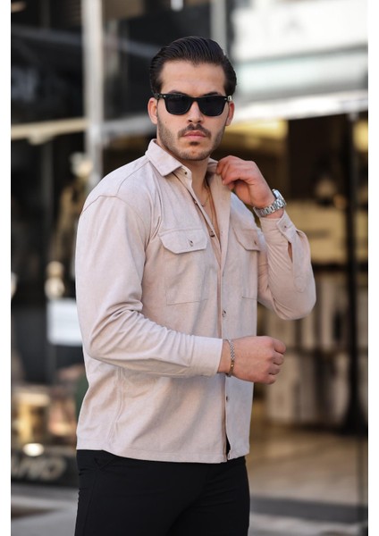 Çift Cepli İnce Fitilli Erkek Kadife Gömlek - Bej fırsatları