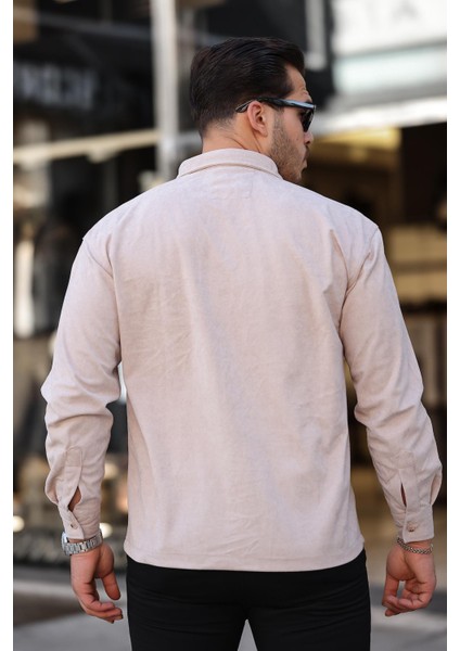 Çift Cepli İnce Fitilli Erkek Kadife Gömlek - Bej indirimleri