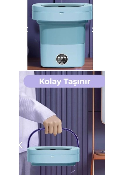 Katlanır Mini Çamaşır Makinesi Mavi 6 Litre Taşınabilir Çamaşır Makinesi Kamp, Karavan, Seyahat