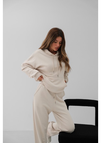 Oversize Bej Sweatshirt Eşofman Takım
