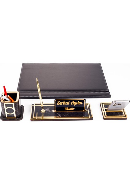 Ares Siyah Deri Sümen Takımı Gold Mermer Desen Ahşap Isme Özel Masa Isimliği Isimlik Seti fırsatları