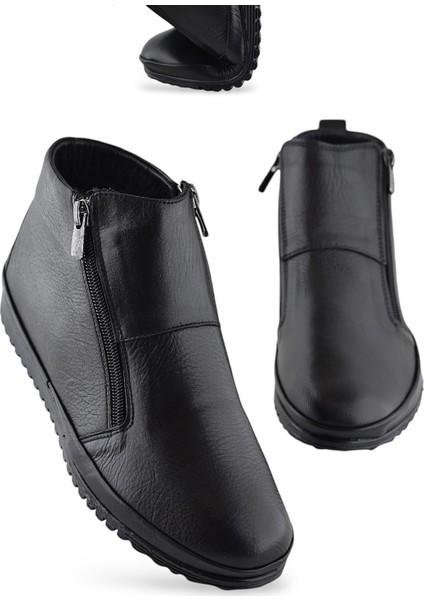380K Ortopedik Taban Hakiki Deri Siyah Anne Botu Kadın Çift Fermuarlı Bot Ayakkabı