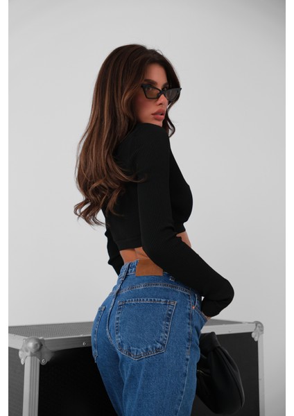 Yüksel Bel Dar Paça Koyu Mavi Jean modelleri