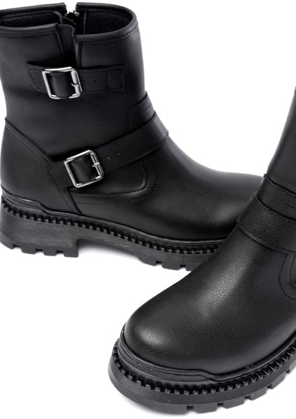 2051-2014 Siyah Tokalı Düz Topuklu Tokalı Fermuarlı Günlük Kadın Bot modelleri