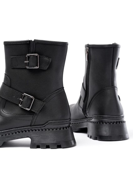 2051-2014 Siyah Tokalı Düz Topuklu Tokalı Fermuarlı Günlük Kadın Bot fırsatları