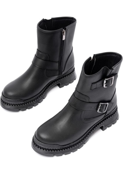 2051-2014 Siyah Tokalı Düz Topuklu Tokalı Fermuarlı Günlük Kadın Bot indirimleri