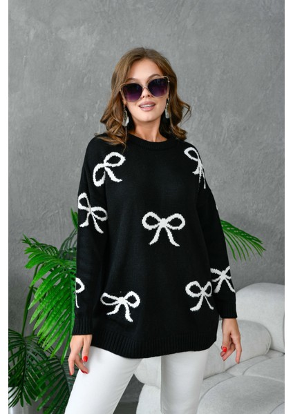 Kadın Bisiklet Yaka Desenli Salaş Triko Kazak