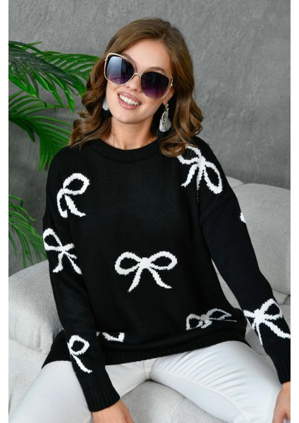 Kadın Bisiklet Yaka Desenli Salaş Triko Kazak modelleri