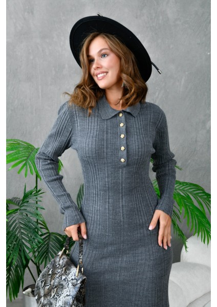 Kadın Düğme Detay Uzun Triko Elbise fiyatları