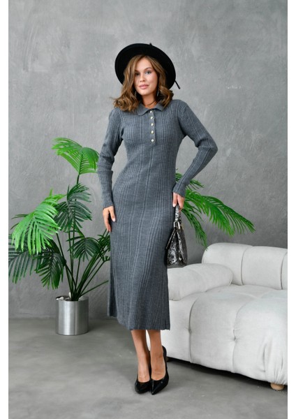 Kadın Düğme Detay Uzun Triko Elbise indirimleri