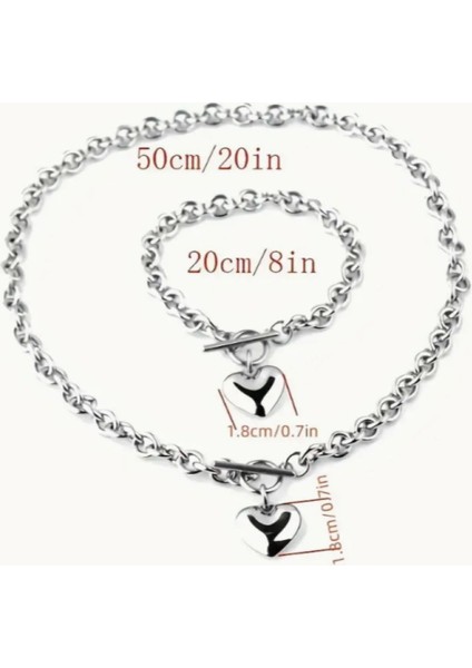 SE Jewellery Gümüş Renk Kalpli Şık Tasarım Kolye Bileklik Set