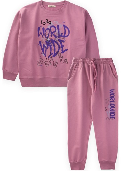 World Wide Baskılı Sweatshirt Takım 9-14 Yaş Gül Kurusu