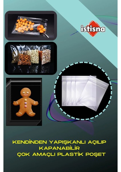 Kendinden Yapışkanlı Açılıp Kapanabilir Şeker Kurabiye Şeffaf Plastik Poşet Torba 100 Adet 22 x 35 cm