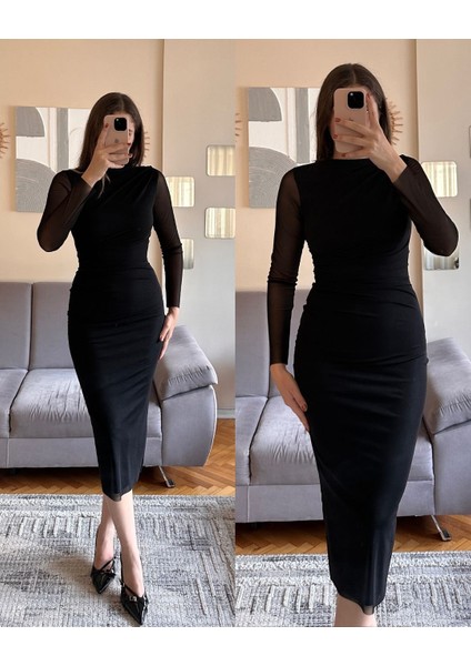 Drapeli Tül Kumaş Uzun Kollu Midi Boy Elbise