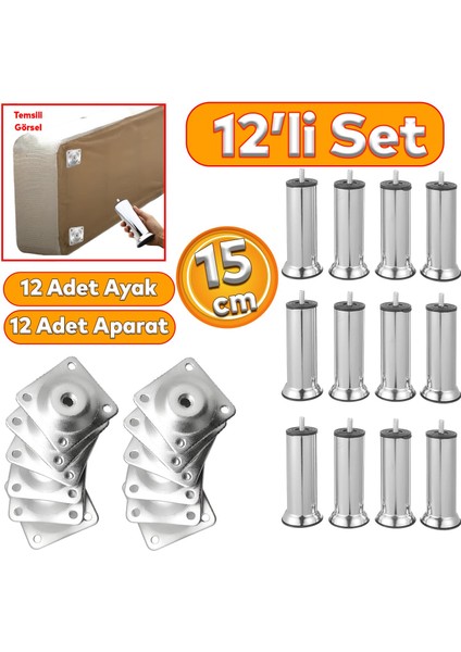 Mobilya Kanepe Baza Koltuk Çekyat 15 cm Krom Metal Yükseltme Ayağı M8 Aparatlı 12'li Set
