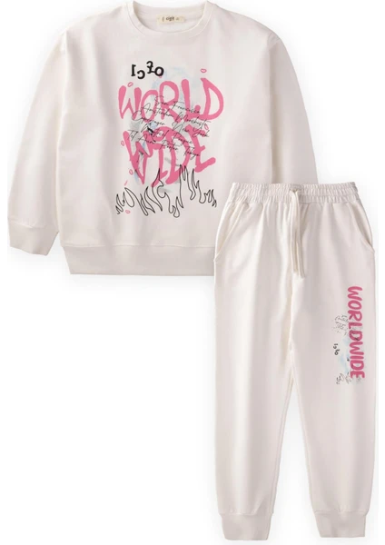 World Wide Baskılı Sweatshirt Takım 9-14 Yaş Ekru