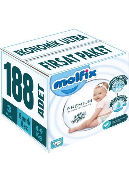 Premium Bebek Bezi Beden:3 4-9 kg Midi 188 Adet Ekonomik Ultra Fırsat Paketi