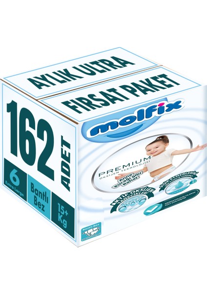 Premium Bebek Bezi Beden:6 15+ kg Extra Large 162 Adet Aylık Ultra Fırsat Paketi