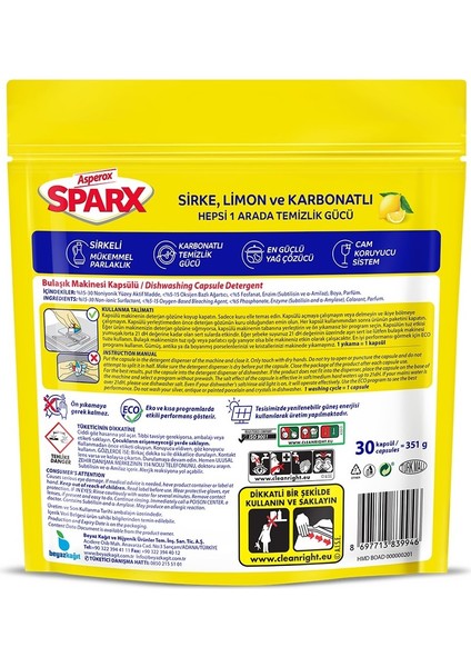 Sparx Bulaşık Makinesi Kapsülü 120 Adet Hepsi 1 Arada (Sirke-Limon-Karbonatlı) (4pk*30)