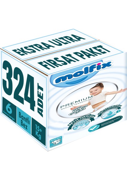 Premium Bebek Bezi Beden:6 15+ kg Extra Large 324 Adet Ekstra Ultra Fırsat Paketi