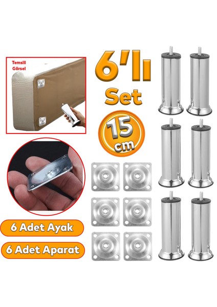 Mobilya Kanepe Baza Koltuk Çekyat 15 cm Krom Metal Yükseltme Ayağı M8 Aparatlı 6'lı Set