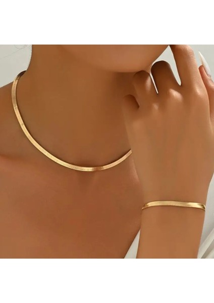 SE Jewellery Gold Kadın Ezme Model Zincir Kolye + Bileklik Set