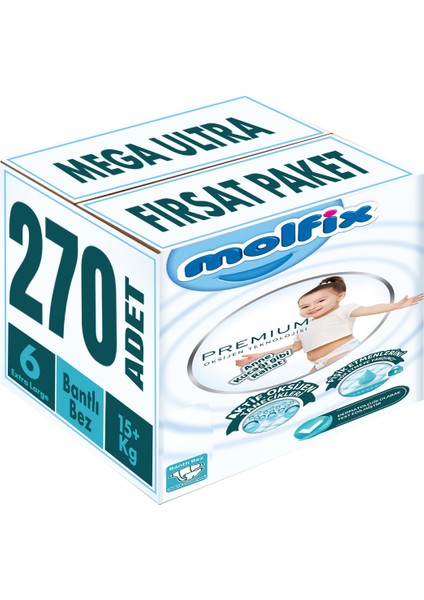 Premium Bebek Bezi Beden:6 15+ kg Extra Large 270 Adet Mega Ultra Fırsat Paketi