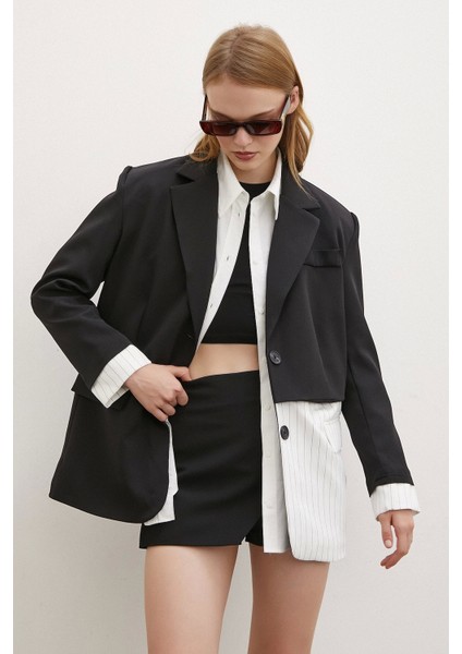 Çizgi Detaylı Çift Düğmeli Blazer Ceket Beyaz