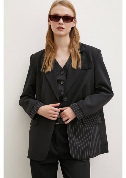 Çizgi Detaylı Çift Düğmeli Blazer Ceket Siyah