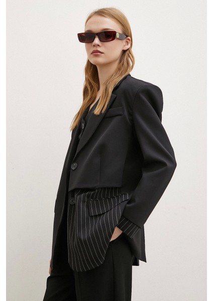 Çizgi Detaylı Çift Düğmeli Blazer Ceket Siyah